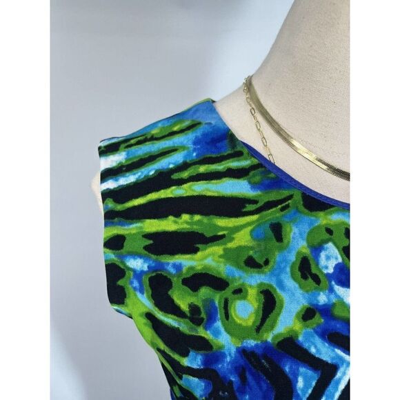 Joseph Ribkoff Dress Hawaiian Tropical Sheath Ruched Line Sleeveless Size 8 Blue - Picture 9 of 14